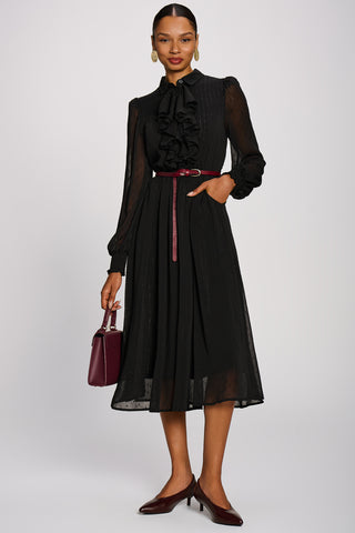 Textured Chiffon Long Sleeve Shirt Dress, Black