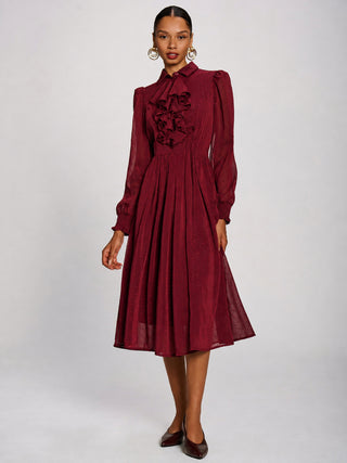 Textured Chiffon Long Sleeve Shirt Dress, Burgundy