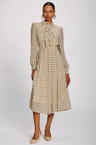 Chiffon Print Ruffled Shirt Dress, Beige Paisley
