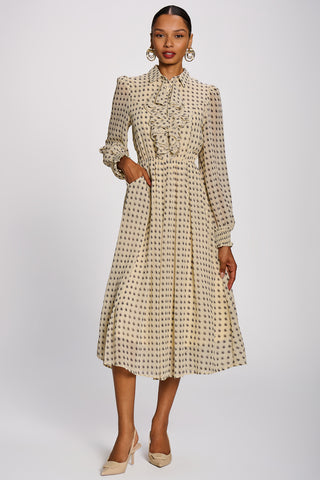 Chiffon Print Ruffled Shirt Dress, Beige Paisley