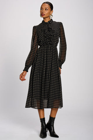 Chiffon Print Ruffled Shirt Dress, Black Paisley