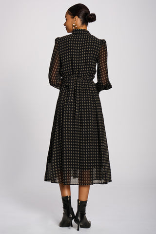 Chiffon Print Ruffled Shirt Dress, Black Paisley