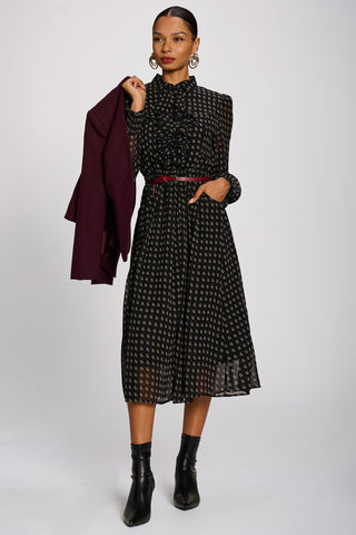 Chiffon Print Ruffled Shirt Dress, Black Paisley