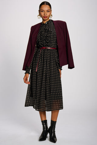 Chiffon Print Ruffled Shirt Dress, Black Paisley
