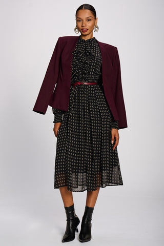 Chiffon Print Ruffled Shirt Dress, Black Paisley