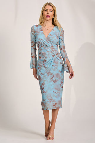 Long Sleeve Mesh Bodycon Dress, Blue Abstract
