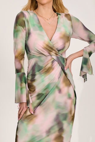 Long Sleeve Mesh Bodycon Dress, Green Abstract