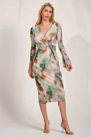 Long Sleeve Mesh Bodycon Dress, Green Abstract