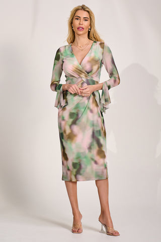 Long Sleeve Mesh Bodycon Dress, Green Abstract