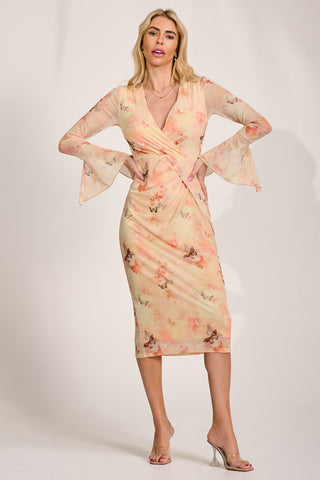 Long Sleeve Mesh Bodycon Dress, Orange Abstract