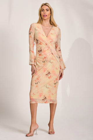 Long Sleeve Mesh Bodycon Dress, Orange Abstract