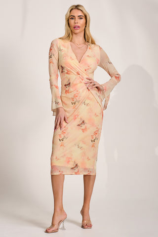 Long Sleeve Mesh Bodycon Dress, Orange Abstract