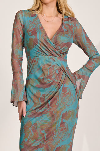 Long Sleeve Mesh Bodycon Dress, Teal Abstract