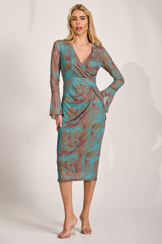Long Sleeve Mesh Bodycon Dress, Teal Abstract