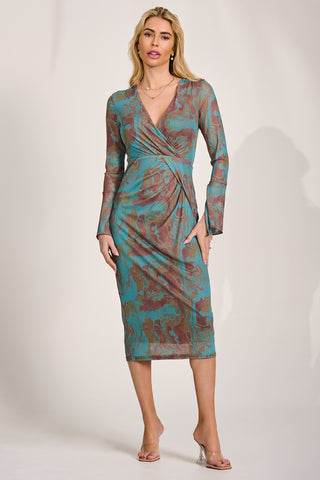 Long Sleeve Mesh Bodycon Dress, Teal Abstract