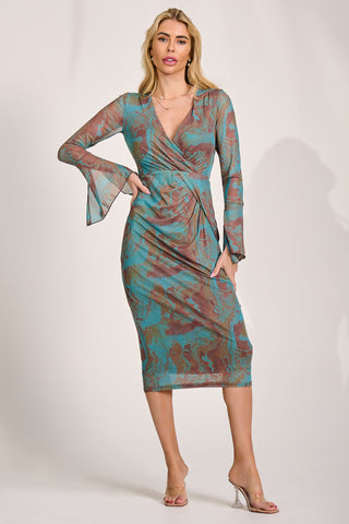 Long Sleeve Mesh Bodycon Dress, Teal Abstract