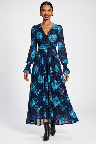 Long Sleeve V Neck Mesh Maxi Dress, Navy Floral