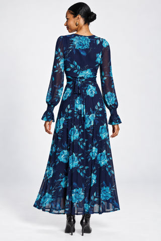 Long Sleeve V Neck Mesh Maxi Dress, Navy Floral