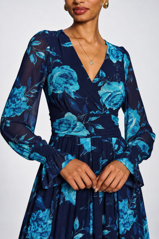 Long Sleeve V Neck Mesh Maxi Dress, Navy Floral