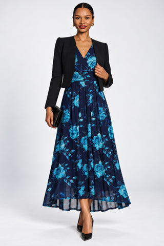 Long Sleeve V Neck Mesh Maxi Dress, Navy Floral