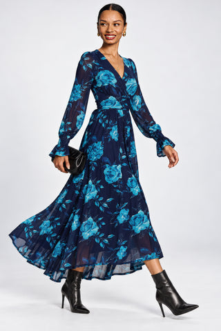 Long Sleeve V Neck Mesh Maxi Dress, Navy Floral