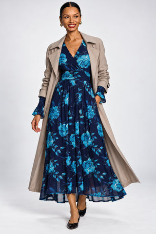 Long Sleeve V Neck Mesh Maxi Dress, Navy Floral