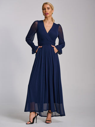 Mesh long sleeve maxi dress, Navy