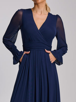 Mesh long sleeve maxi dress, Navy