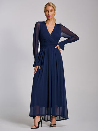 Mesh long sleeve maxi dress, Navy