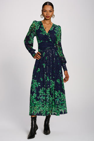 Long Sleeve Printed Lace Maxi Dress, Green Floral
