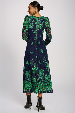 Long Sleeve Printed Lace Maxi Dress, Green Floral