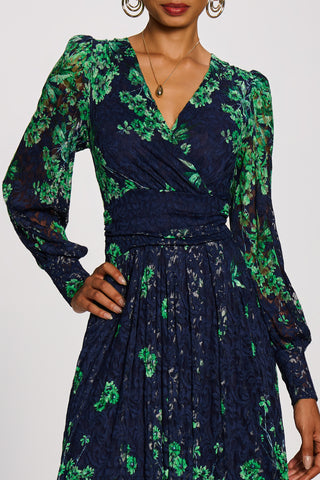 Long Sleeve Printed Lace Maxi Dress, Green Floral