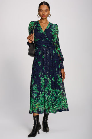 Long Sleeve Printed Lace Maxi Dress, Green Floral