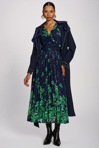 Long Sleeve Printed Lace Maxi Dress, Green Floral