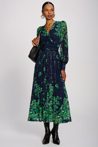 Long Sleeve Printed Lace Maxi Dress, Green Floral