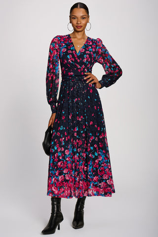 Long Sleeve Printed Lace Maxi Dress, Pink Multi