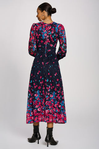 Long Sleeve Printed Lace Maxi Dress, Pink Multi