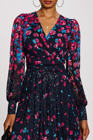 Long Sleeve Printed Lace Maxi Dress, Pink Multi