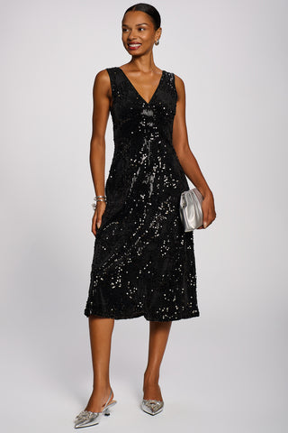 V-Neck Sequin Embellished Velvet Midi Dress, Black