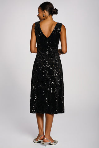 V-Neck Sequin Embellished Velvet Midi Dress, Black