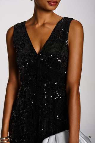 V-Neck Sequin Embellished Velvet Midi Dress, Black