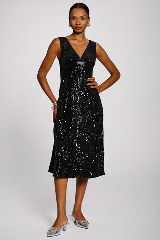 V-Neck Sequin Embellished Velvet Midi Dress, Black