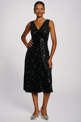 V-Neck Sequin Embellished Velvet Midi Dress, Black