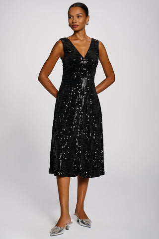 V-Neck Sequin Embellished Velvet Midi Dress, Black