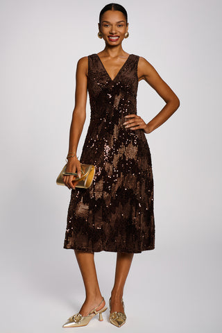 V-Neck Sequin Embellished Velvet Midi Dress, Brown