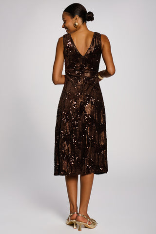 V-Neck Sequin Embellished Velvet Midi Dress, Brown