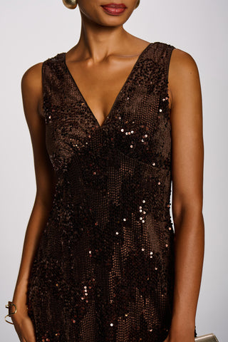 V-Neck Sequin Embellished Velvet Midi Dress, Brown