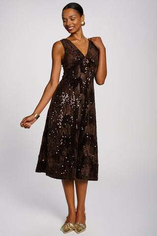V-Neck Sequin Embellished Velvet Midi Dress, Brown