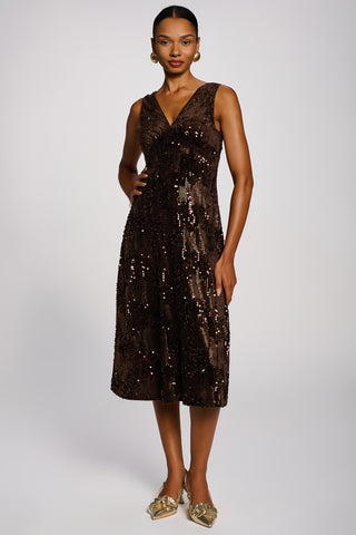 V-Neck Sequin Embellished Velvet Midi Dress, Brown
