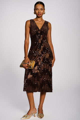 V-Neck Sequin Embellished Velvet Midi Dress, Brown